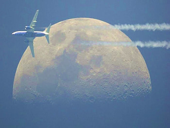 Moon trails, plane, sky, trail blue, moon HD wallpaper