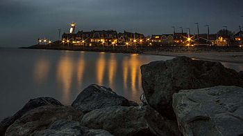 Landscape View Of Lighthouse House Buildings With Lights Under Blue Sky Stones Reflection On Ocean Nature HD wallpaper