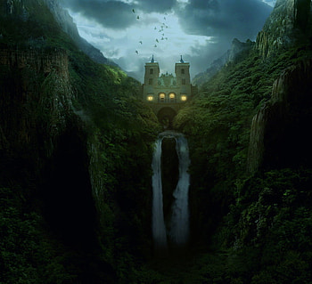 Dream Castle, abstract, cg, fantasy, , waterfalls, castle, mountains, forest HD wallpaper