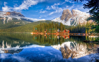 Landscape, Nature, Houses, Sky, Mountains, Lakes, Reflection, Shore, Bank, Coniferous, Forest, Colors, Color, Paints, Bottom, Small Houses HD wallpaper
