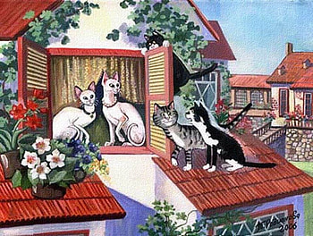 Т.Родионова. Бойкие кавалеры, kitten, painting, window, art, flower, cat, friend HD wallpaper
