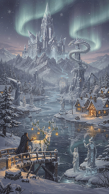 Frostbound Citadel — Winter Fantasy , castle, Northern Lights, village HD phone wallpaper