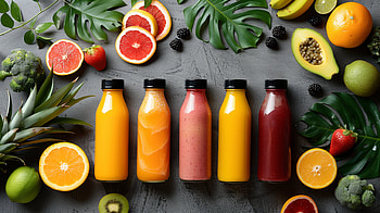 Vibrant Juice Bottles, food, juice, vegetable, fruit, bottle HD wallpaper