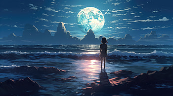 Moonlit Night at the Anime Beach – AI Art, moon, night, beach, Anime, girl, AI Art, anime girl, anime night, Anime beach HD wallpaper