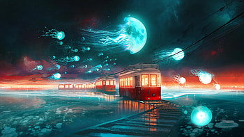 Quad : Jellyfish Night Train — Surreal Fantasy Landscape, train, fantasy, landscape, jellyfish, fantasy landscape HD wallpaper