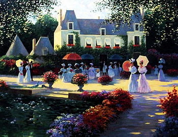 Luncheon in the Country, artwork, painting, gardenflowers, house, people, victorian, vintage HD wallpaper