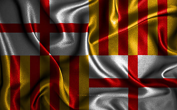 Barcelona flag, , silk wavy flags, spanish cities, Day of Barcelona, Flag of Barcelona, fabric flags, 3D art, Barcelona, cities of Spain, Barcelona 3D flag HD wallpaper