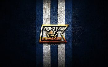 Viking FC, golden logo, Eliteserien, blue metal background, football, norwegian football club, Viking FK logo, soccer, Viking FK HD wallpaper