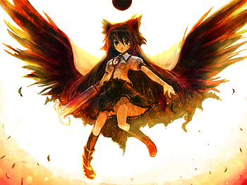 Reiuji Utsuho, utsuho, wings, touhou, nuclear fusion, okuu, sun, fire HD wallpaper