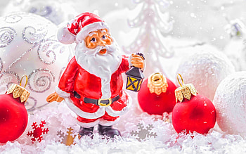 Cartoon Santa Claus, , red xmas balls, New Year decoration, bokeh, Happy New Year, Merry Christmas, new year concepts, Santa Claus, christmas decorations HD wallpaper