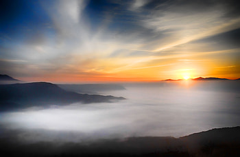 Sea, clouds, mountains, sunset HD wallpaper