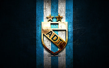 Tarma FC, golden logo, Liga 1 Apertura, blue metal background, football, peruvian football club, ADT Tarma logo, soccer, ADT Tarma HD wallpaper