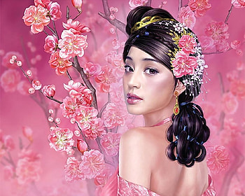 Beautiful Girl With Blossoms, girl, pink, beautiful, flowers HD wallpaper