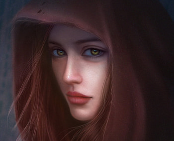 Sorceress, art, linda wong, mage, fantasy, hood, red, face, redhead, luminos HD wallpaper
