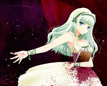 Claire Bernardus, book, anime, umineko no naku koro ni, green hair, girl, blood, long hair HD wallpaper