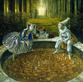 Michael Cheval - Checkmate, golden, white, man, girl, checkmate, woman, harlequin, michael cheval, chess, nature, forest HD wallpaper