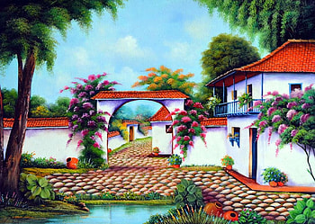 The Hacienda, palms, artwork, portal, house, trees, wall HD wallpaper