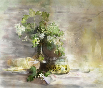still life, glass vase, painting, olivs, tableware, beautiful, glass bowle, white flowers HD wallpaper