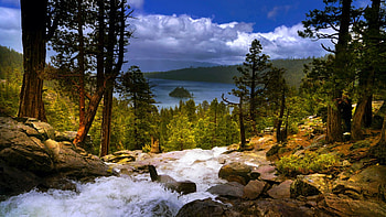 Eagle Falls, Lake Tahoe, California, rocks, landscae, trees, waterfall, clouds, sky, usa HD wallpaper