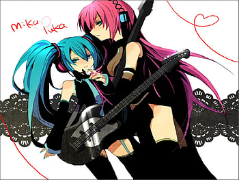 Hatsune Miku & Megurine Luka, blue, black, awesome, heads, guitar, cute, vocaloid, beauty, nice, miku, vocaloids, hatsune, thighhighs, skirt, blue eyes, hatsune miku, twintail, blue hair, girl, headset, aqua, beautiful, pink hair, diva, pink, anime, pretty, cool, idol, virtual, heart HD wallpaper