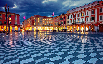 Boulevard , architecture, tiles, evenning, France, Massena, twilight, Nice, lights, street, boulevard, roads, streetscape HD wallpaper