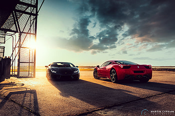 Black Lamborghini Huracan And Ferrari 458 Red, lamborghini-huracan, lamborghini, 2018-cars, cars, behance, ferrari, cars, ferrari-458 HD wallpaper