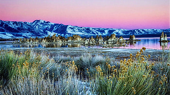 Pastel Dawn, Mono Lake, california, snow, mountains, rocks, usa, sunset HD wallpaper