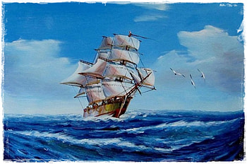 Ship, blue, sea, paint HD wallpaper