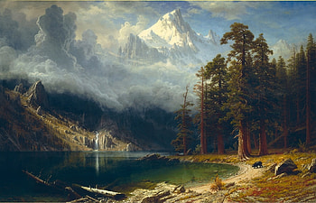 Albert_Bierstadt_-_Mount_Corcoran, river, art, painting, tree HD wallpaper