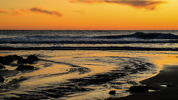 Nature, Water, Sunset, Stones, Horizon HD wallpaper