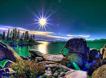 Beautiful View, sea, pine trees, plants, rocks, sunrise, blue sky, light, clouds, flowers, mountains HD wallpaper