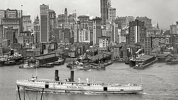 vintage city seaport, port, ship, city, vintage HD wallpaper