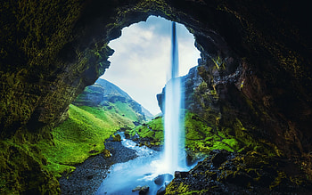 Behind the Waterfall, near the western coast of Iceland, trees, river, cave, rocks HD wallpaper