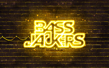Bassjackers yellow logo, , superstars, dutch DJs, yellow brickwall, Bassjackers logo, Marlon Flohr, Ralph van Hilst, Bassjackers, music stars, Bassjackers neon logo HD wallpaper