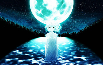 Under moon, moon, sky, girl, stars, dress, water, forest HD wallpaper