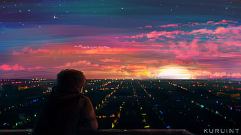 Art, Night City, View, Human, Person, Loneliness HD wallpaper