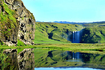 Wonderful view, waterfall, reflection, lake, green HD wallpaper