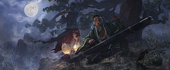 Waiting, rootworkshop, art, fantasy, light, lantern, people, dark, night, moon, luna HD wallpaper
