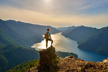 Inmensity, climb, beautiful, viewpoint, lake, woman, from the height, clouds, sky, mountains, forest HD wallpaper