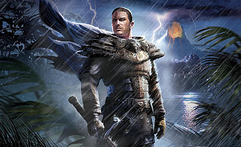 Thor?, blue, thor, skull, volcano, game, water, warrior, cloud, rain, man, aqua, boy, fantasy, yellow, fighter, nature, sky, fire HD wallpaper