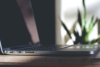 Close-up of a laptop side view on a wooden desk with a plant in the background, perfect for business and technology themes. HD wallpaper