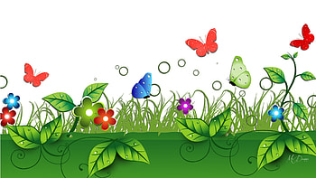 Spring Summer Border, garden, grass, spring, fresh, border, Firefox Persona theme, summer, butterflies, leaves, blossoms, bright, green, flowers HD wallpaper