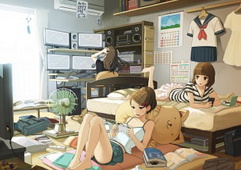 having fun with my friends -my daily life-, relaxing, surfing net, cute, hanging out with friends, watching tv, long hair, books, enjoying daily life, pretty girls, dark hair, short hair, happy, in bed, friends, art, seifuku, anime, playing games, brown hair HD wallpaper