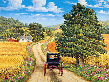 Easy Going, coach, painting, fall, colors, fields, trees, road, sky HD wallpaper