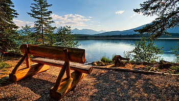 Morning at Jasper NP, Alberta, bench, hills, landscape, trees, canada, mountains, lake HD wallpaper