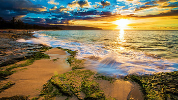 Hawaiian Coast at Dawn, sea, pacific, clouds, colors, sky, sun, usa, sunset HD wallpaper