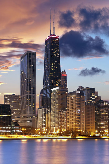 Chicago skyline at sunset, Illinois landmarks, Urban art, Travel inspiration HD phone wallpaper