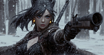 Snow, Woman Warrior, Women Warrior, Fantasy, Black Hair, Blue Eyes, Flintlock, Gun, Snowfall, Weapon HD wallpaper