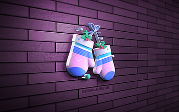 xmas mittens, , violet brickwall, Christmas decorations, Cartoon mittens, Happy New Year, Merry Christmas, Mittens Icon, 3D art, 3D xmas mittens, xmas decorations, mittens HD wallpaper
