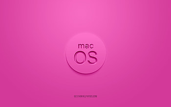 MacOS 3D logo, pink background, MacOS pink logo, 3D logo, MacOS emblem, MacOS, 3D art HD wallpaper
